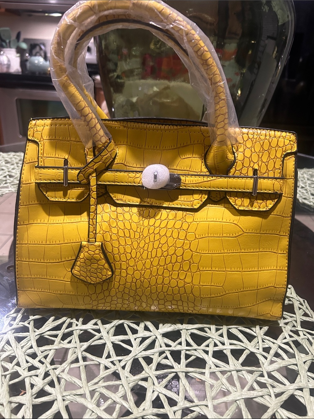 Yellow Croc-Embossed Top-Handle Bag